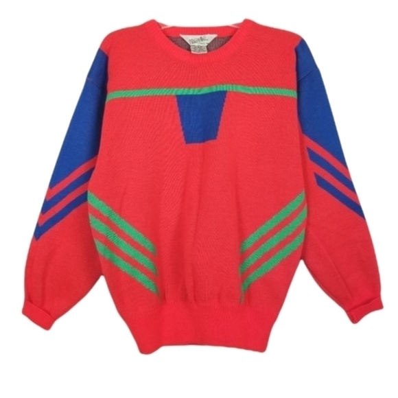 Vintage Neon Geometric Wool Ski Knit Sweater Color Block Medium Orange Blue Crew - Picture 1 of 7